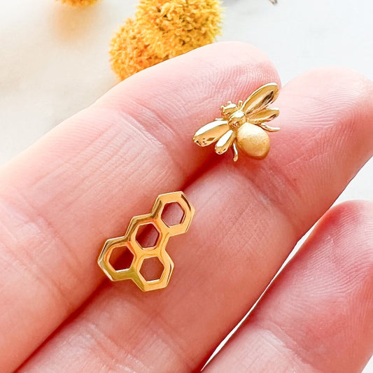 14k Gold Vermeil Bee & Honeycomb Stud Earrings